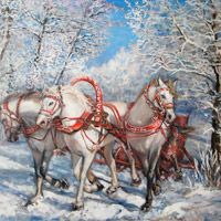 Картина маслом Тройка в зимнем лесу