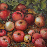 «Яблоки с грушей в листьях салата», 50х50 см, холст, масло. 2018 год